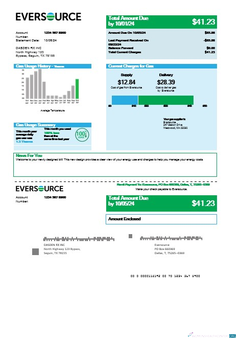 USA Eversource gas business utility bill template in Word and PDF formats, good for address prove